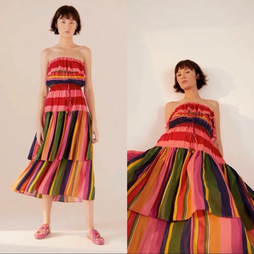Farm Rio Strapless Mixed Stripe Midi Dress